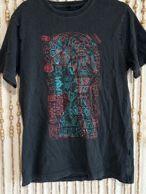 MGMT Black Neon Blue Red Graphic Print Short Sleeve Cotton T Shirt Large
